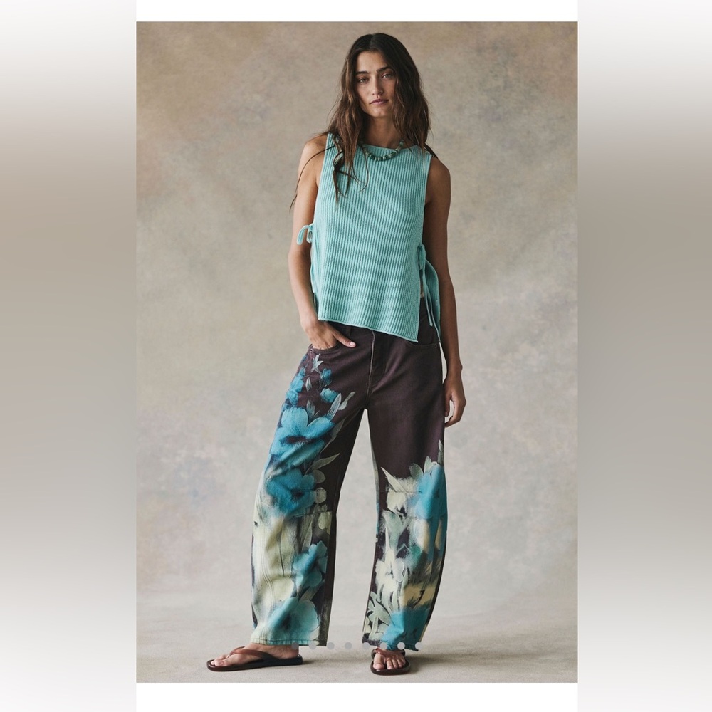Free People We The Free Good Luck Printed Barrel Jeans Washed Floral